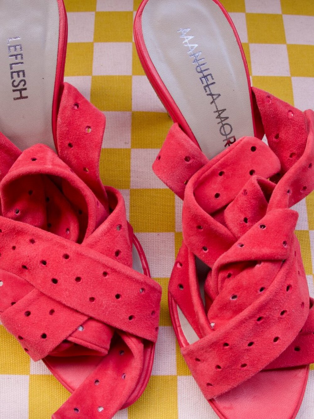 Vintage Manuela Morin Le Flesh Coral Suede Perforated Ankle Tie Heels Size 38 - Picture 7 of 16